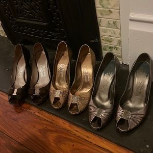 3 pairs of dirty size 10 (40b) Ferragamo heels. A cobbler could overhaul these.